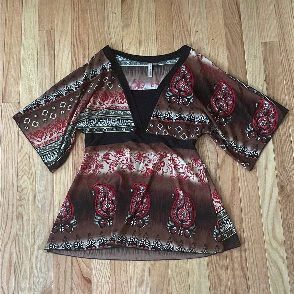 y2k Susan Lawrence Babydoll Top Womens Large Red Brown Paisley Kimono Sleeve